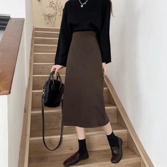 复古高腰褐色开叉半身裙